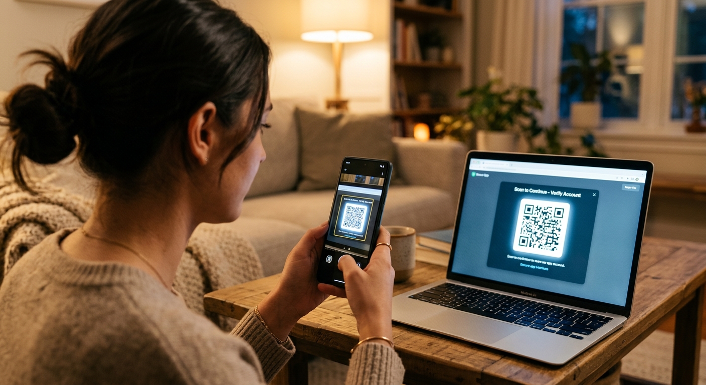 אישה סורקת קוד QR ממסך מחשב נייד באמצעות סמארטפון לצורך אימות חשבון