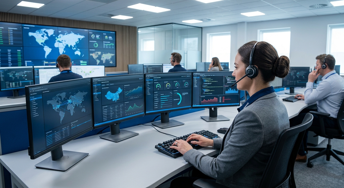 נציגת תמיכה וניטור עובדת במרכז בקרה (NOC) מול מסכים המציגים נתוני רשת ומפות עולמיות